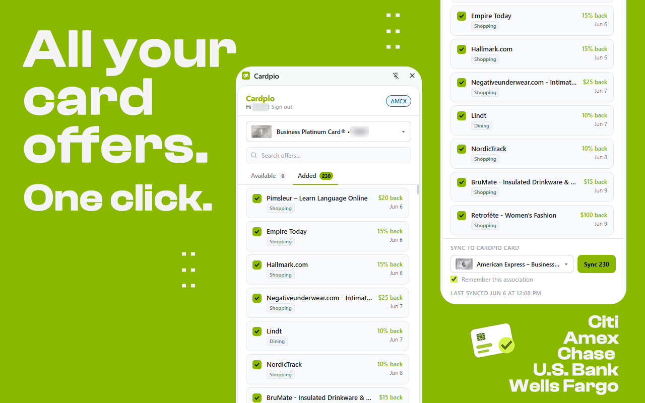The Cardpio extension showing bank offers ready to activate in one click